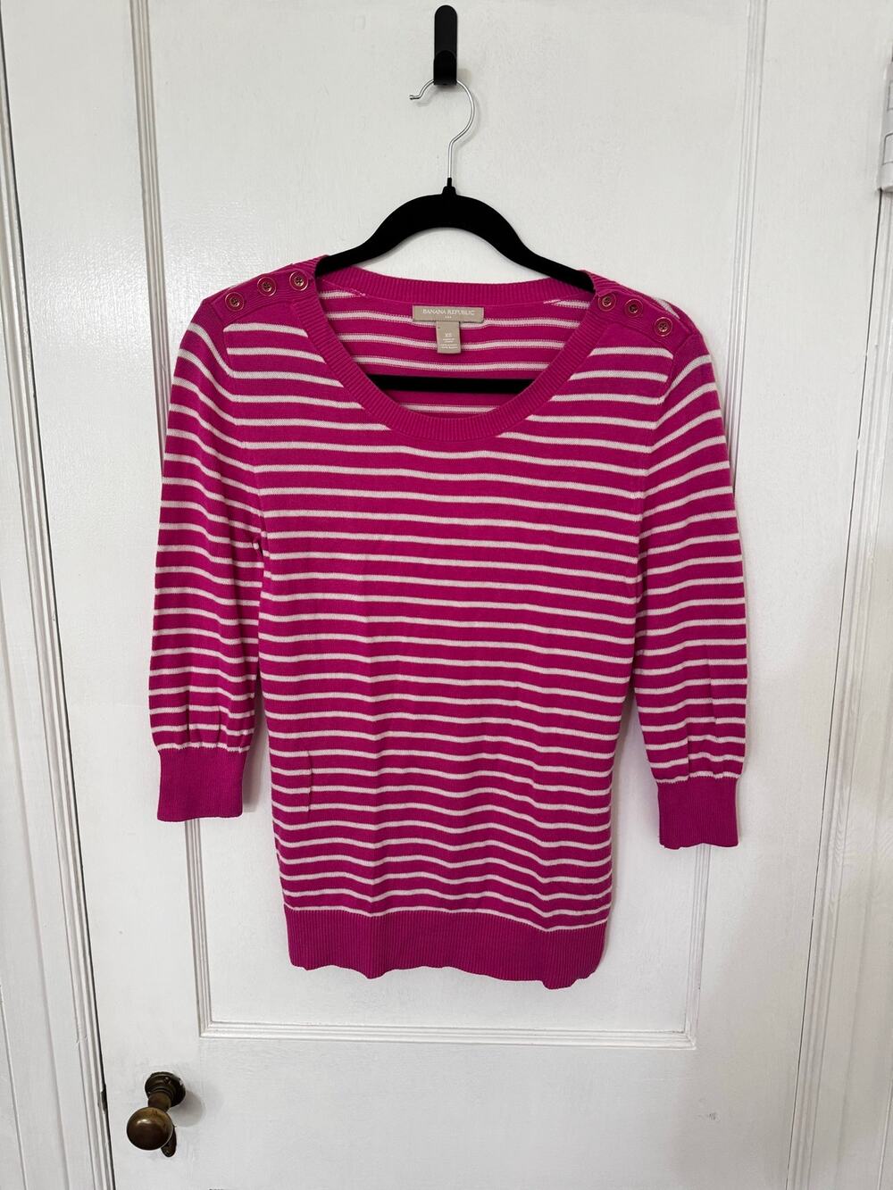 Banana Republic Bright Pink White Striped 3/4 Sleeve
